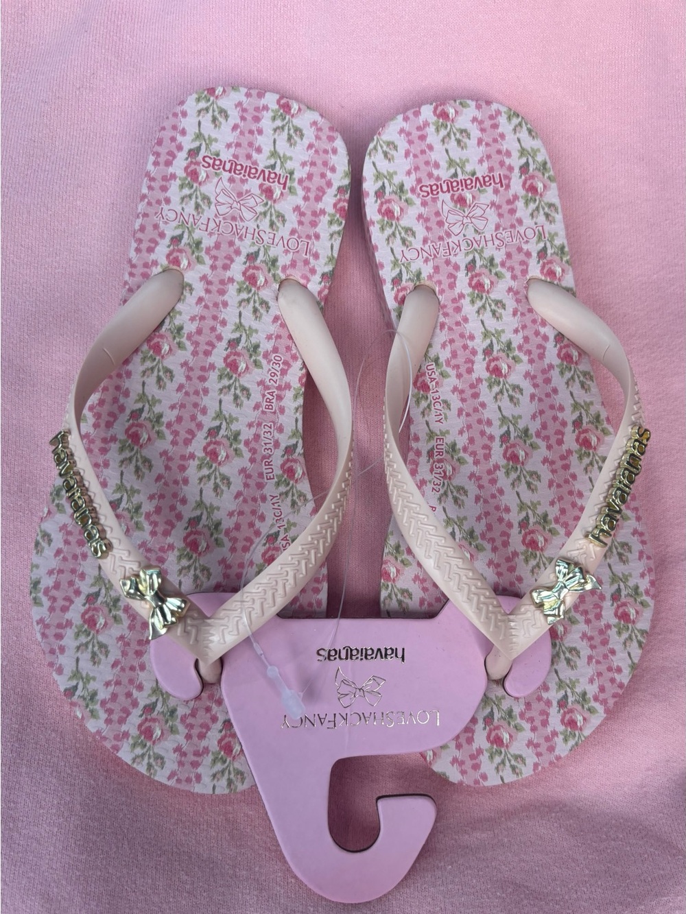 NWT Love Shack Fancy Girls Havaianas Pink Floral Flip Flops Size 1Y